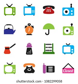 solid vector icon set - kettle vector, hand mill, turk coffee, alarm clock, abacus, phone, umbrella, radio, tv, classic, closed