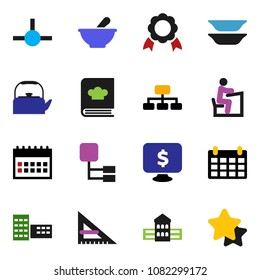 solid vector icon set - kettle vector, cookbook, plates, school building, corner ruler, student, medal, hierarchy, calendar, monitor dollar, mortar, connect, star