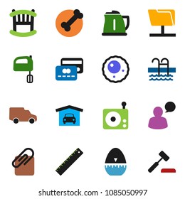 solid vector icon set - kettle vector, cook timer, mixer, ruler, pool, bone, car, radio, speaking man, ovule, network folder, attachment, garage, crib, credit card, auction