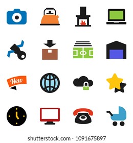 solid vector icon set - kettle vector, notebook pc, clock, stadium, satellite, package, camera, monitor, cloud lock, globe, barn, fireplace, phone, star, new, baby stroller