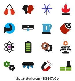 solid vector icon set - kettle vector, atom, magnet, muscule hand, boxing glove, flammable, battery, rca, gear, solar panel, windmill, air conditioner, factory