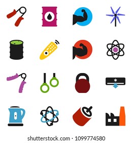 solid vector icon set - kettle vector, atom, weight, hand trainer, muscule, gymnast rings, oil barrel, remote control, rca, windmill, air conditioner, factory