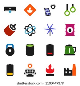 solid vector icon set - kettle vector, atom, weight, gymnast rings, flammable, oil barrel, battery, rca, solar panel, windmill, air conditioner, factory