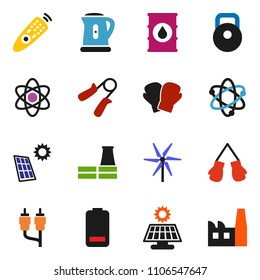 solid vector icon set - kettle vector, atom, weight, hand trainer, boxing glove, oil barrel, remote control, battery,  solar panel, windmill, factory