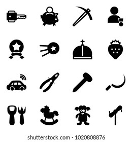 Solid vector icon set - key vector, piggy bank, job, winner, star medal, first satellite, crown, strawberry, car wireless, pliers, nail, sickle, shovel fork toy, rocking horse, doll, windmill