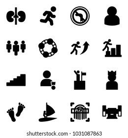 Solid vector icon set - kidneys vector, run, no left turn road sign, user, group, friends, career, stairs, winner, win, king, feet, windsurfing, fingerprint scanner, sharpening