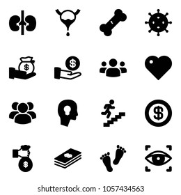 Solid vector icon set - kidneys vector, bladder, broken bone, virus, investment, group, heart, head bulb, career, dollar, rich, feet, eye scanner