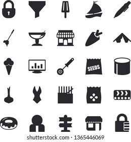 Solid vector icon set - kitchen spoon flat vector, onion, carrot, donut, ice cream, seeds, conveyor, fabric manufacture, pipe production, store front, funnel, person, sailboat, computer chart, pen