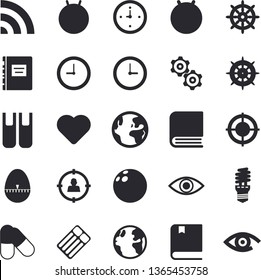 Solid vector icon set - kitchen egg timer flat vector, earth, energy saving lamp, target audience, heart, eye, clock, book, textbook, cogwheel, bowling ball, fitball, pills, fector, steering wheel