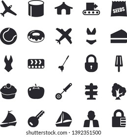 Solid vector icon set - kitchen spoon flat vector, tomato, cupcake, piece of cake, donut, ice cream, seeds, tree, conveyor, pipe production, person, sailboat, tennis ball, swimsuit, aircraft fector