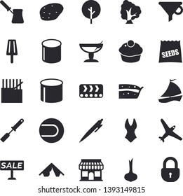 Solid vector icon set - kitchen spatula flat vector, turk, potato, onion, cupcake, piece of cake, ice cream, seeds, tree, conveyor, fabric manufacture, pipe production, store front, funnel, sell out