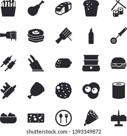 Solid vector icon set - kitchen spoon flat vector, knives, rolling pin, double boiler, table setting, ham, sausage, cheese, bread, canned food, spaghetti on a fork, hamburger, salad, shashlik