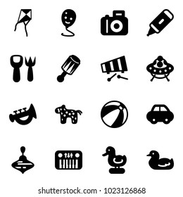 Solid vector icon set - kite vector, balloon smile, camera, marker, shovel fork toy, beanbag, xylophone, ufo, horn, horse, beach ball, car, wirligig, piano, duck