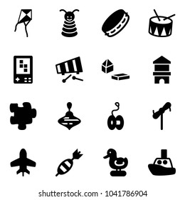 Solid vector icon set - kite vector, pyramid toy, tambourine, drum, game console, xylophone, constructor blocks, block house, puzzle, wirligig, yoyo, windmill, plane, dart, duck, boat