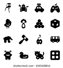 Solid vector icon set - kite vector, robot, car toy, joystick, chicken, beanbag, billiards balls, cube, elephant wheel, hammer, yoyo, bus, monster, duck, cat, hole