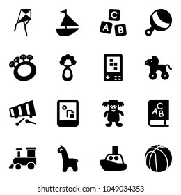 Solid vector icon set - kite vector, sailboat toy, abc cube, beanbag, game console, wheel horse, xylophone, doll, book, train, giraffe, boat, basketball