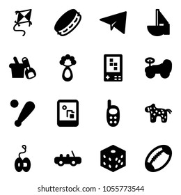 Solid vector icon set - kite vector, tambourine, paper plane, sailboat toy, shovel bucket, beanbag, game console, baby car, baseball bat, phone, horse, yoyo, bones, football