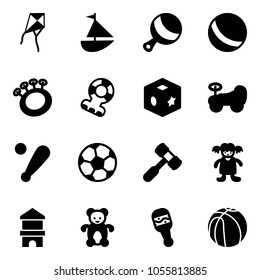Solid vector icon set - kite vector, sailboat toy, beanbag, ball, teethers, cube, baby car, baseball bat, soccer, hammer, doll, block house, bear, basketball