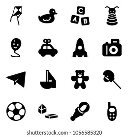 Solid vector icon set - kite vector, duck toy, abc cube, pyramid, balloon smile, car, rocket, camera, paper plane, sailboat, bear, horse stick, soccer ball, constructor blocks, beanbag, phone