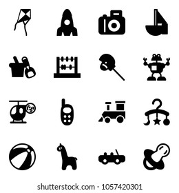 Solid vector icon set - kite vector, rocket, camera, sailboat toy, shovel bucket, abacus, horse stick, robot, helicopter, phone, train, baby carousel, beach ball, giraffe, car, soother