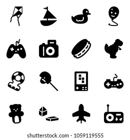 Solid vector icon set - kite vector, sailboat toy, duck, balloon smile, joystick, camera, tambourine, dinosaur, teethers, horse stick, game console, gamepad, bear, constructor blocks, plane, radio