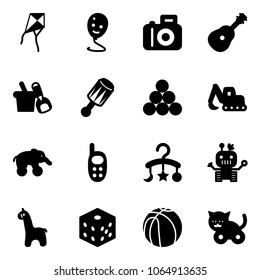 Solid vector icon set - kite vector, balloon smile, camera, guitar, shovel bucket, beanbag, billiards balls, excavator toy, elephant wheel, phone, baby carousel, robot, giraffe, bones, basketball