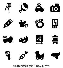 Solid Vector Icon Set - Kite Vector, Beanbag, Car Toy, Camera, Marker, Shovel Bucket, Game Console, Baby, Horn, Abc Book, Block House, Dart, Duck, Water Gun