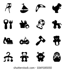 Solid vector icon set - kite vector, sailboat toy, boomerang, dinosaur, shovel fork, bucket, teethers, wheel horse, excavator, gamepad, hammer, bear, baby carousel, monster, russian doll