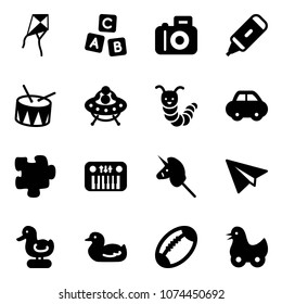 Solid vector icon set - kite vector, abc cube, camera, marker, drum, ufo toy, caterpillar, car, puzzle, piano, unicorn stick, paper plane, duck, football