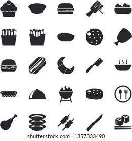 Solid vector icon set - knives flat vector, barbecue, dish, table setting, plates, ham, croissant, cake, spaghetti on a fork, hamburger, hot dog, salad, soup, porridge, shashlik, cutlet, fish rolls