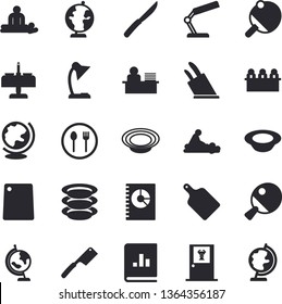 Solid vector icon set - knives flat vector, cutting board, table setting, plates, dish, book balance accounting, massage, reading lamp, office worker, meeting, globe, tennis, romantic dinner fector