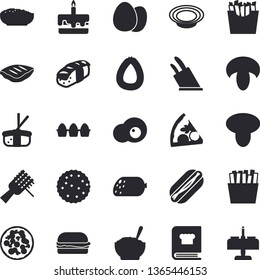 Solid vector icon set - knives flat vector, cookbook, egg, sausage, spaghetti on a fork, hamburger, hot dog, pizza, mushroom, cake, dish, porridge, chop, French fries, sashimi, scrambled eggs