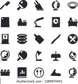 Solid vector icon set - knives flat vector, cutting board, table setting, plates, dish, book balance accounting, massage, reading lamp, office worker, meeting, globe, tennis, romantic dinner fector