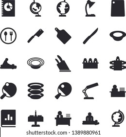 Solid vector icon set - knives flat vector, cutting board, table setting, plates, dish, book balance accounting, massage, reading lamp, office worker, meeting, globe, tennis, romantic dinner fector