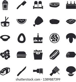 Solid vector icon set - knives flat vector, spice, chop, sausage, watermelon, spaghetti on a fork, hamburger, hot dog, pizza, mushroom, cake, dish, porridge, ham, French fries, sashimi, popcorn