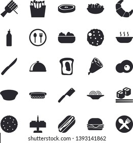 Solid vector icon set - knives flat vector, dish, table setting, biscuit, croissant, spaghetti on a fork, hamburger, hot dog, salad, soup, ham, chop, cutlet, French fries, fish rolls, scrambled eggs