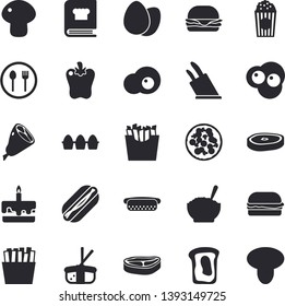 Solid vector icon set - knives flat vector, cookbook, table setting, chop, egg, hamburger, hot dog, pizza, mushroom, cake, porridge, ham, bell pepper, French fries, sashimi, popcorn, scrambled eggs