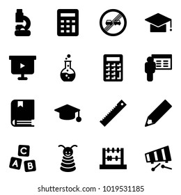 Solid vector icon set - lab vector, calculator, end overtake limit road sign, graduate hat, presentation board, round flask, book, ruler, pencil, abc cube, pyramid toy, abacus, xylophone