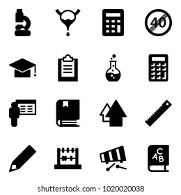 Solid vector icon set - lab vector, bladder, calculator, end speed limit road sign, graduate hat, clipboard, round flask, presentation, book, arrow up, ruler, pencil, abacus, xylophone, abc