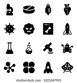 Solid vector icon set - lab vector, pill, drop counter, heart, virus, x ray, rocket, flask, round, satellite, robot, molecule, atom core, ufo toy