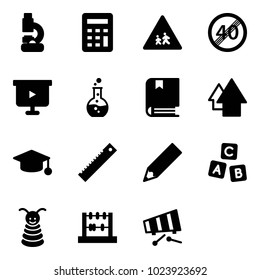 Solid vector icon set - lab vector, calculator, children road sign, end speed limit, presentation board, round flask, book, arrow up, graduate hat, ruler, pencil, abc cube, pyramid toy, abacus