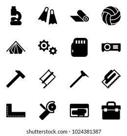 Solid vector icon set - lab vector, flippers, mat, volleyball, tent, gear, micro flash card, projector, hammer, bucksaw, mason, trowel, corner ruler, Angular grinder, generator, tool box