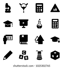 Solid vector icon set - lab vector, bladder, calculator, children road sign, graduate hat, presentation board, round flask, book, arrow up, pencil, abc cube, pyramid toy