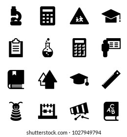 Solid vector icon set - lab vector, calculator, children road sign, graduate hat, clipboard, round flask, presentation, book, arrow up, ruler, pyramid toy, abacus, xylophone, abc