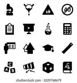 Solid vector icon set - lab vector, bladder, children road sign, end speed limit, clipboard, presentation board, round flask, calculator, arrow up, graduate hat, ruler, abc cube, xylophone, toy