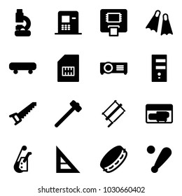 Solid vector icon set - lab vector, atm, flippers, skateboard, sim, projector, server, saw, sledgehammer, bucksaw, generator, winch, corner ruler, tambourine, baseball bat