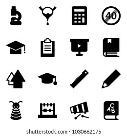 Solid vector icon set - lab vector, bladder, calculator, end speed limit road sign, graduate hat, clipboard, presentation board, book, arrow up, ruler, pencil, pyramid toy, abacus, xylophone, abc