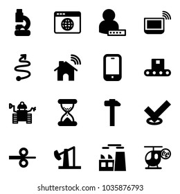 Solid vector icon set - lab vector, browser globe, user password, notebook wi fi, trip, wireless home, mobile phone, conveyor, robot, sand clock, hammer, check, steel rolling, oil derrick, plant
