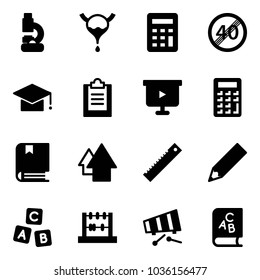 Solid vector icon set - lab vector, bladder, calculator, end speed limit road sign, graduate hat, clipboard, presentation board, book, arrow up, ruler, pencil, abc cube, abacus, xylophone