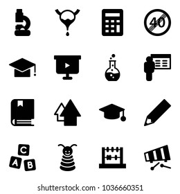 Solid vector icon set - lab vector, bladder, calculator, end speed limit road sign, graduate hat, presentation board, round flask, book, arrow up, pencil, abc cube, pyramid toy, abacus, xylophone